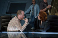<a href="http://movies.yahoo.com/movie/contributor/1800175424" data-ylk="slk:Joss Whedon;elm:context_link;itc:0;sec:content-canvas" class="link ">Joss Whedon</a> and <a href="http://movies.yahoo.com/movie/contributor/1800022348" data-ylk="slk:Scarlett Johansson;elm:context_link;itc:0;sec:content-canvas" class="link ">Scarlett Johansson</a> on the set of Marvel's <a href="http://movies.yahoo.com/movie/1810026516/info" data-ylk="slk:The Avengers;elm:context_link;itc:0;sec:content-canvas" class="link ">The Avengers</a> - 2012