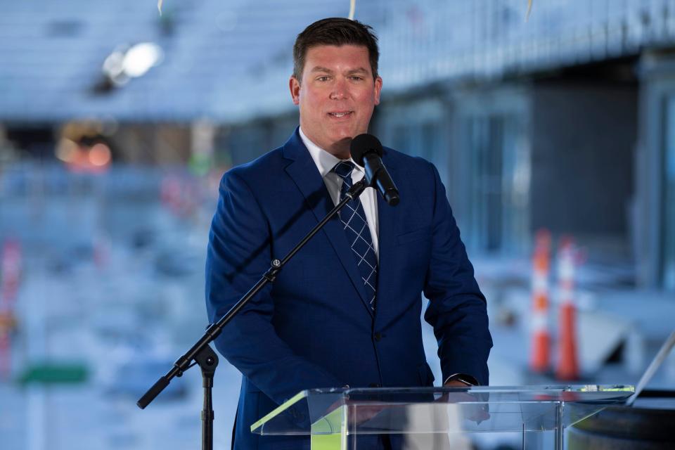 Louisville City FC president Brad Estes speaks as Construction continues on the new LouCity FC soccer stadium off Cabel Street as plans for the addition of a womens' National Soccer League team in Louisville were announced Tuesday. Oct. 22, 2019