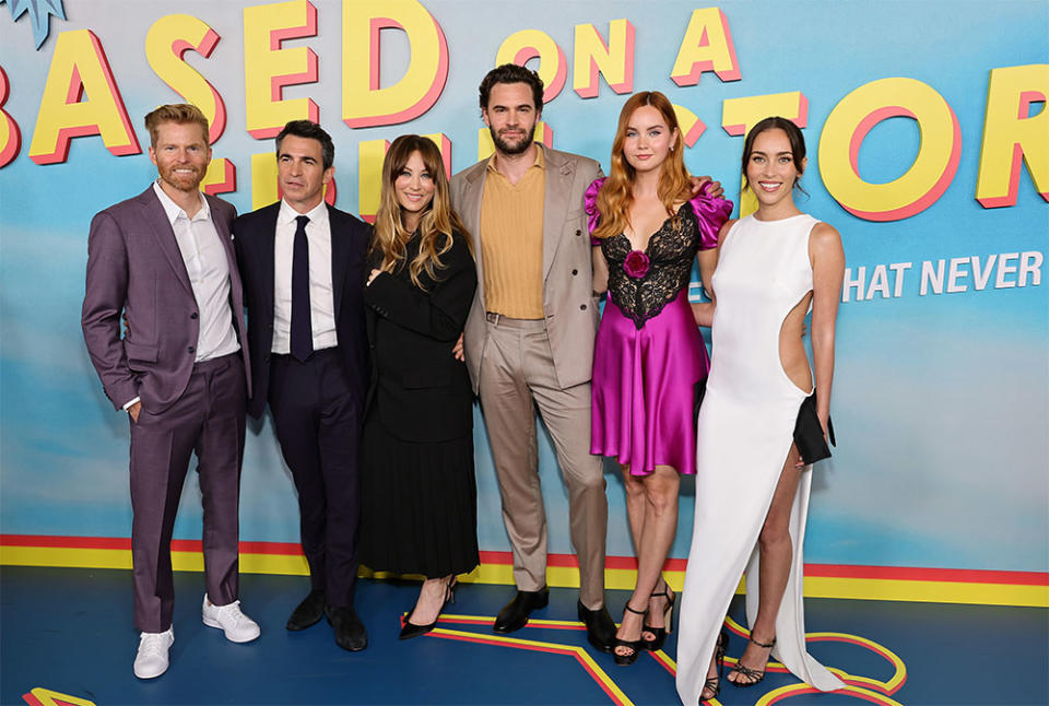 Alexander Buono, Chris Messina, Kaley Cuoco, Tom Bateman, Liana Liberato, and Priscilla Quintana attend the Premiere for Peacock Original's "Based On A True Story" at Pacific Design Center on June 01, 2023 in West Hollywood, California.