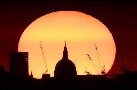 The dome of St Paul's Cathedral and construction cranes are silhouetted by the rising sun at dawn in London