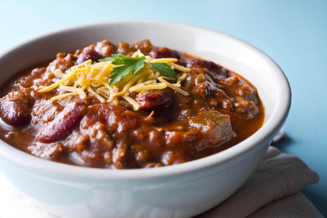 Fresh Bowl of Chili with Shredded Cheese.