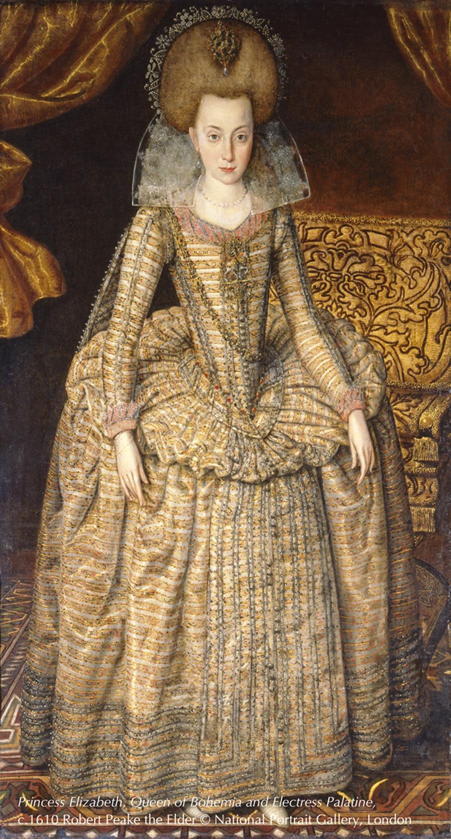 〈伊麗莎白公主，波西米亞王后暨普法爾茨選帝侯夫人〉是由老羅伯特皮克在大約1610年創作的斯圖亞特公主畫像，當時公主年僅14歲，主要彰顯她的美貌與財富。（英國國家肖像藝廊提供）