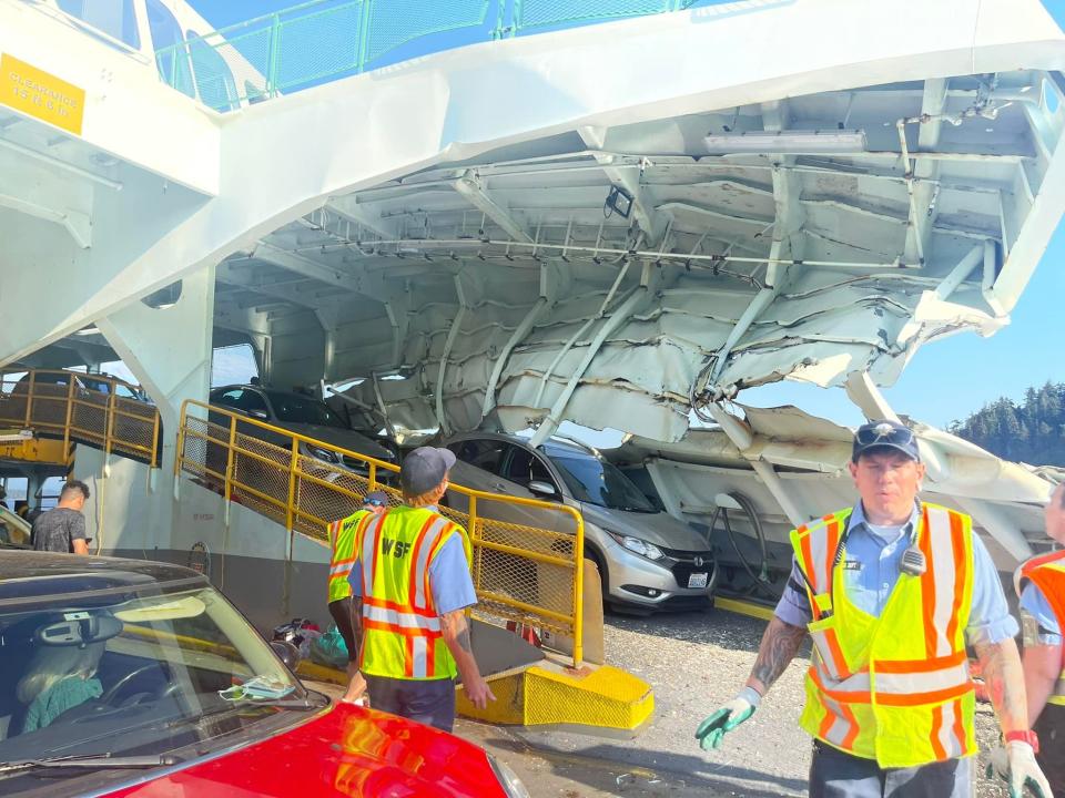 The Cathlamet ferry shows damage on Thursday morning after it crashed into the Fauntleroy ferry terminal in West Seattle.