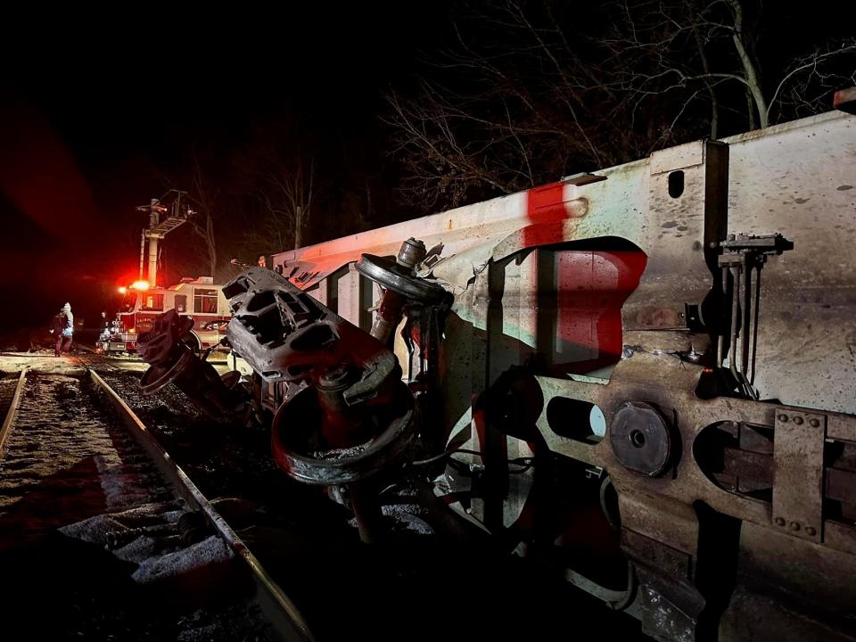 Part of a Norfolk Southern train derailment along Tommytown Road in southern Washington County on Wednesday night, Jan. 11, 2023.