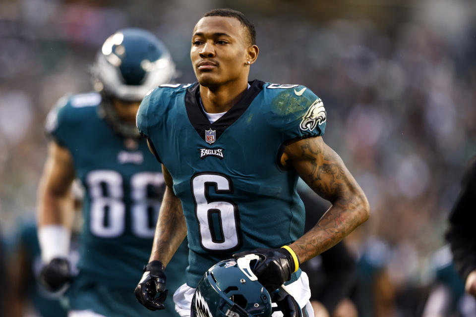 PHILADELPHIA, PA - JANUARY 29: DeVonta Smith #6 of the Philadelphia Eagles runs to the locker room during halftime of the NFC Championship NFL football game against the San Francisco 49ers at Lincoln Financial Field on January 29, 2023 in Philadelphia, Pennsylvania. (Photo by Kevin Sabitus/Getty Images)