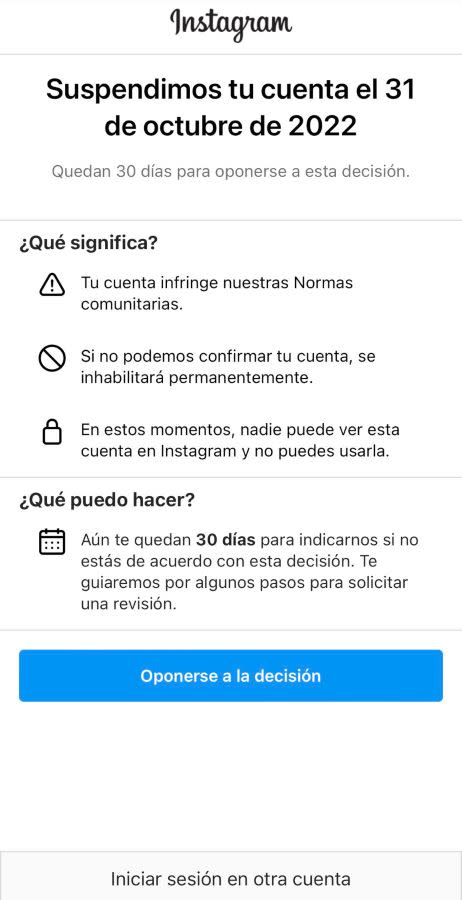 cuenta suspendida instagram