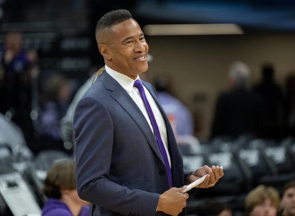 Sacramento Kings play-by-play announcer Mark Jones watches players before a game at Golden 1 Center in Sacramento, Monday, March 27, 2023.