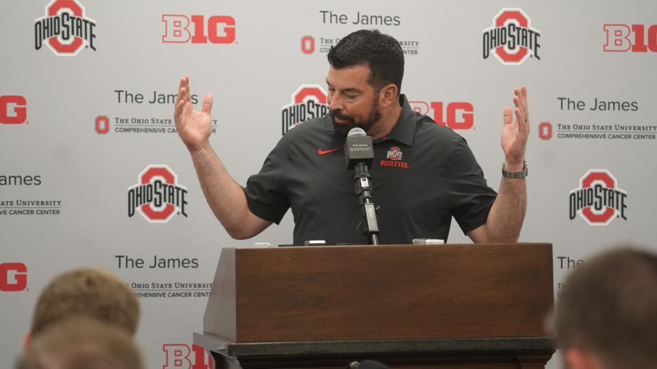 August 2, 2023; Columbus, Ohio, Ohio State football Ryan Day says he does not know who will be the starting quarterback in the fall as he talks with the media during a pre-training camp news conference August 2, 2023 in the Woody Hayes Athletic Center