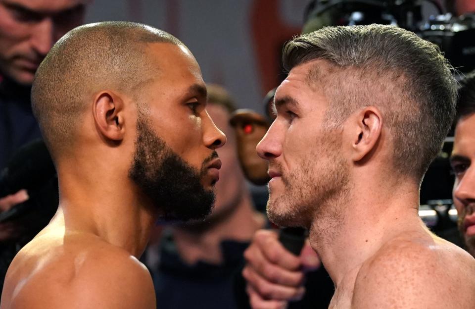 Chris Eubank Jr and Liam Smith during the weigh-in (PA)