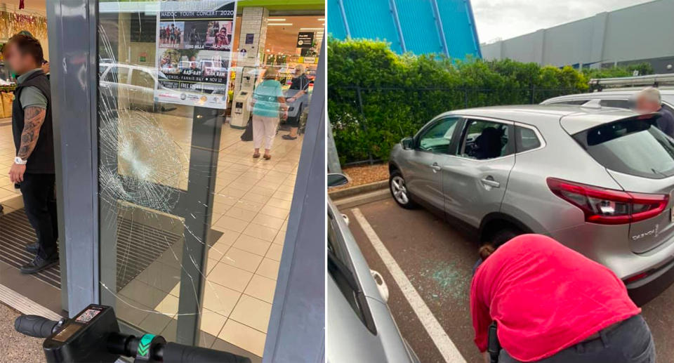 Windows in front of Woolworths were smashed, and cars in the car park were also damaged.