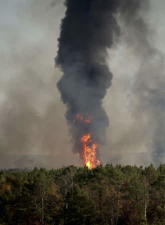 Flames shoot into the sky from a gas line explosion in western Shelby County, Alabama, U.S., October 31, 2016. REUTERS/Marvin Gentry