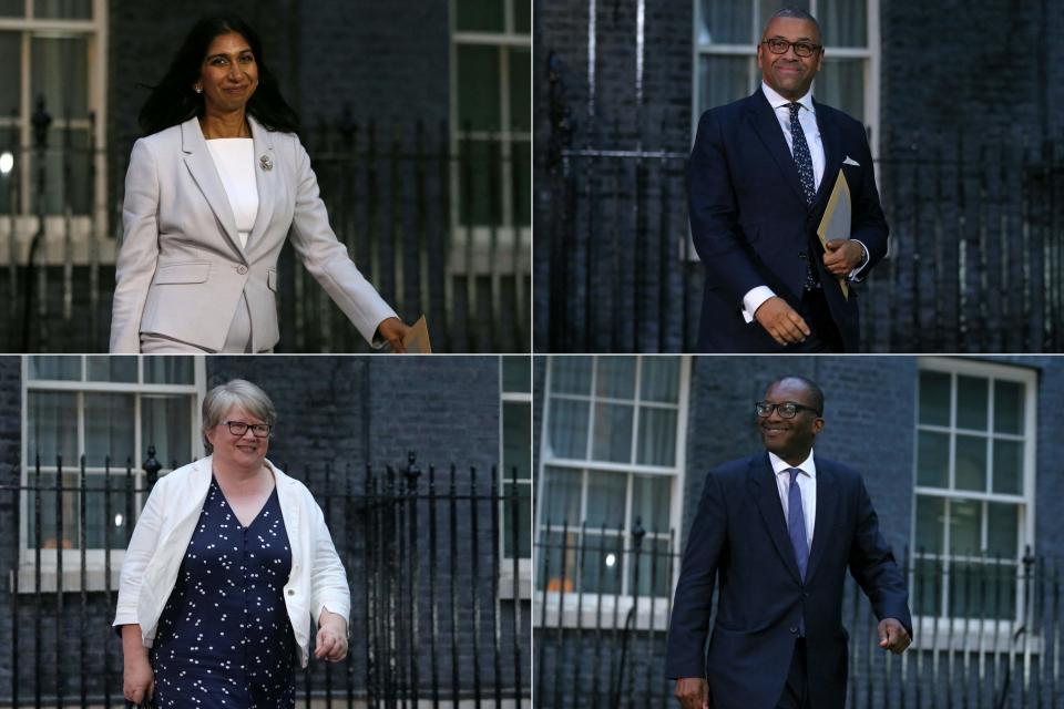 (COMBO) This combination of pictures created on September6, 2022 shows (from top L to down R) Britain's new Home Secretary Suella Braverman, Britain's Foreign Secretary James Cleverly, Britain's new Health Secretary Therese Coffey and Britain's new Chancellor of the Exchequer Kwasi Kwarteng leaving 10 Downing Street after a meeting with Britain's new Prime Minister Liz Truss in central London. - Liz Truss on Tuesday officially became Britain's new prime minister, at an audience with head of state Queen Elizabeth II after the resignation of Boris Johnson. The former foreign secretary, 47, was seen in an official photograph shaking hands with the monarch to accept her offer to form a new government and become the 15th prime minister of her 70-year reign. (Photo by ISABEL INFANTES / AFP) (Photo by ISABEL INFANTES/AFP via Getty Images)