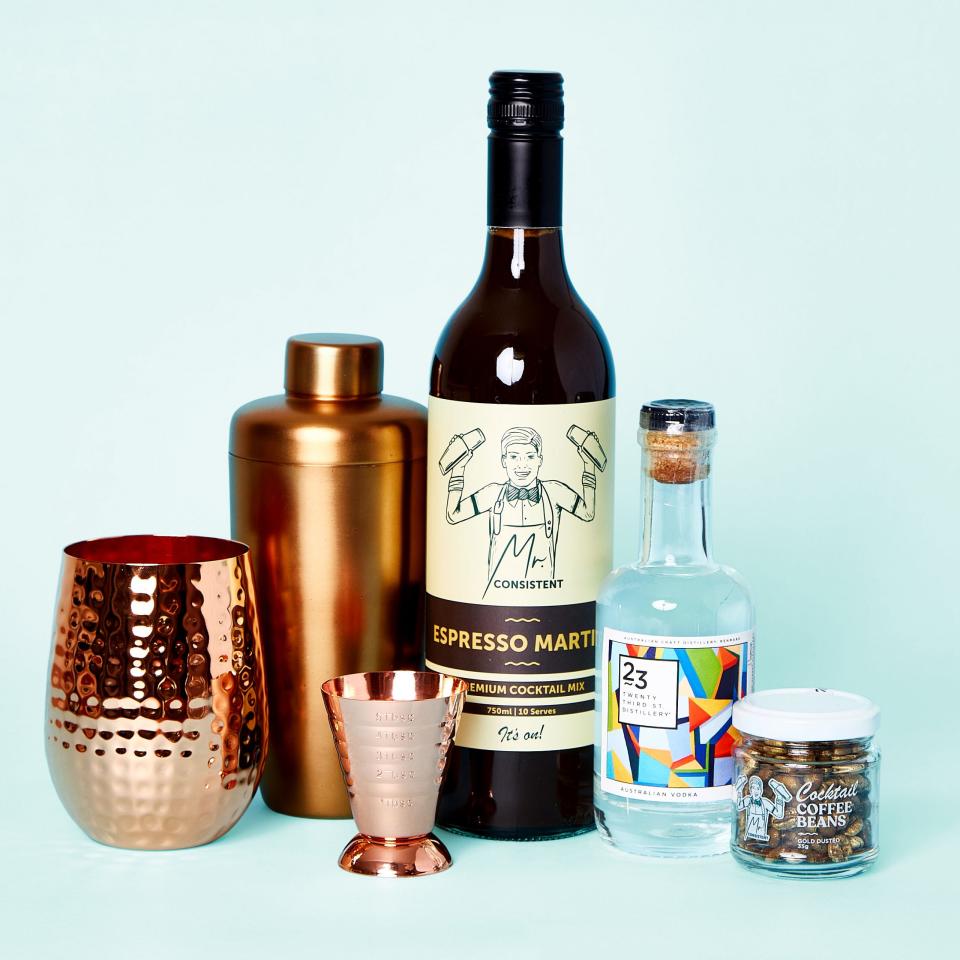 Copper and brass quipment and ingredients for making expresso martinis