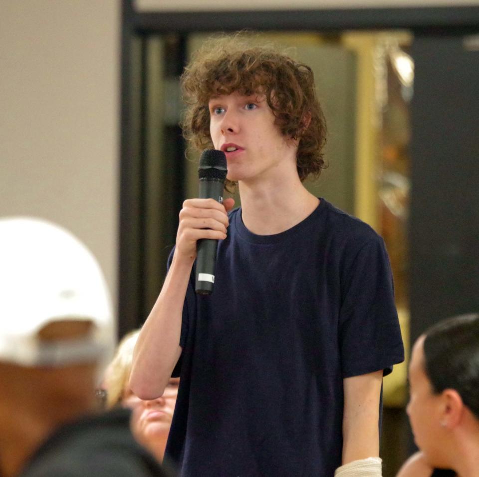 Riley McEvoy, of the Brockton High School Class of 2024, speaks up about the issues facing student life at the Brocton School Committee Open Forum Meeting in the BHS Red Cafeteria on Tuesday, July 11, 2023.