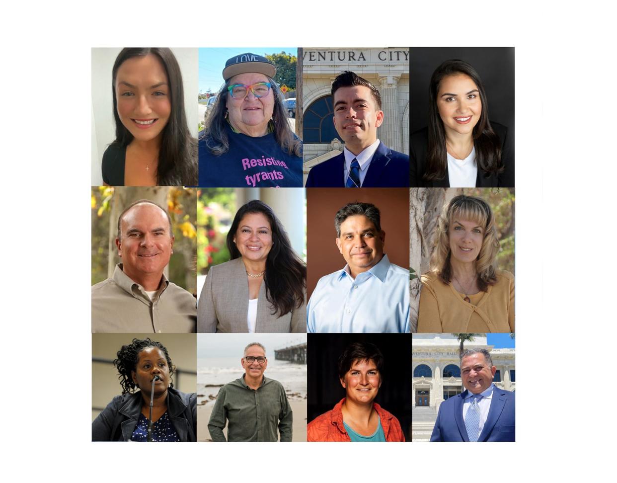 (From top left) Ventura City Council candidates include Alyona Brady, Liz Campos, Marco Cuevas, and Helen Eloyan District 1, Jim Rundle and Jeannette Sanchez-Palacios from District 4, Bill McReynolds and Marie Lakin from District 5, and Lorrie Brown, Danny Carrillo, Jim Duran and Steph Karba from District 6.