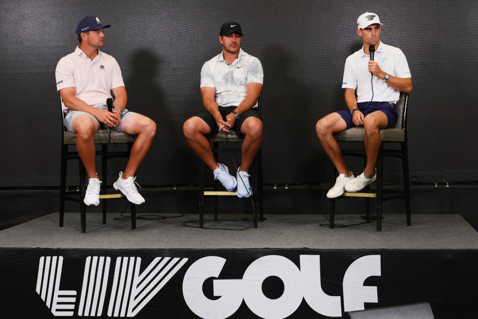 From left, Bryson DeChambeau, Brooks Koepka and Joaquin Niemann talk to reporters during press conference at a LIV Golf Miami practice round at Trump National Doral.