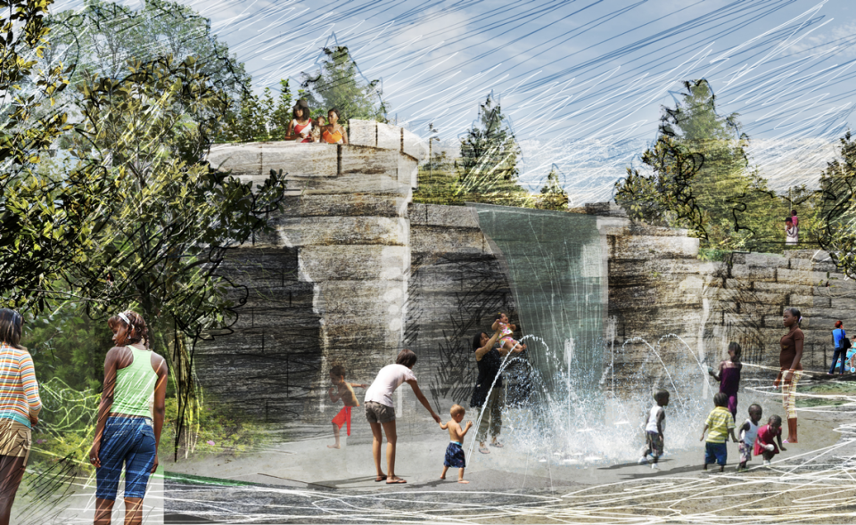A rendering of a proposed waterfall at the Plaza and Play area of Dix Park