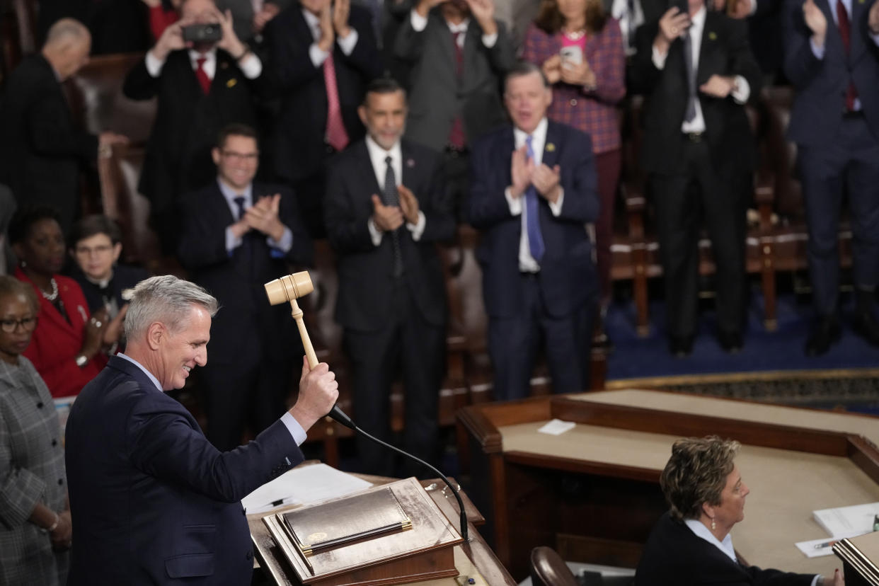 Speaker of the House Kevin McCarthy of Calif., picks up the gavel as he begins to speak in the House chamber in Washington, early Saturday, Jan. 7, 2023. (AP Photo/Alex Brandon)