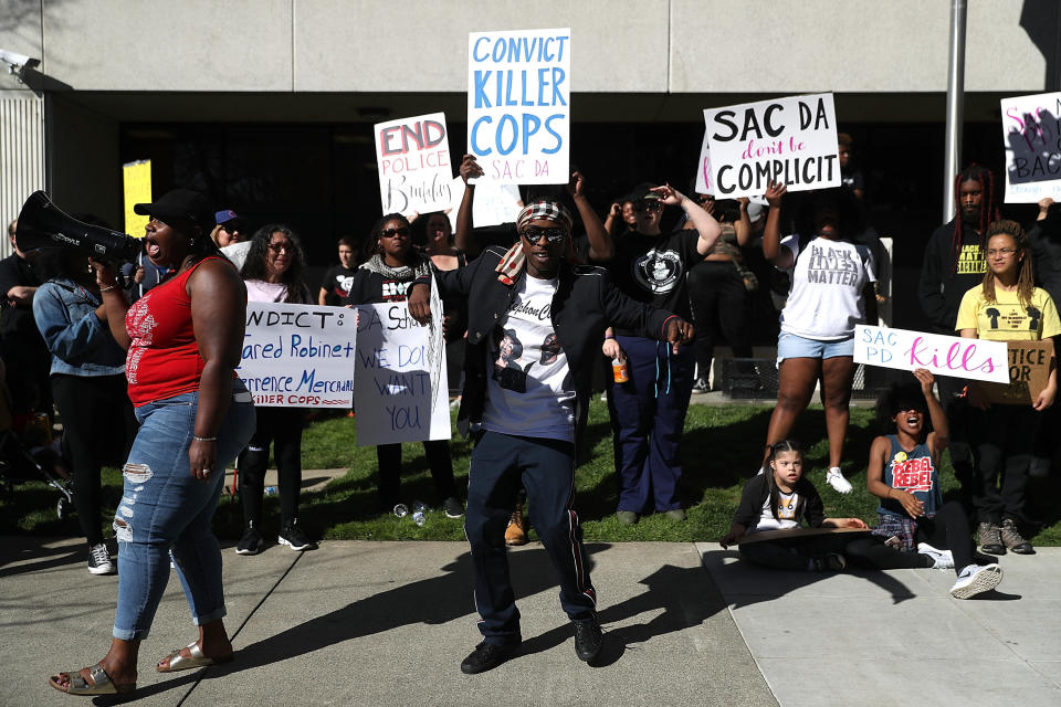 Stevante Clark, brother of Stephon Clark, speaks during a Black Lives Matter protest outside the district attorney's office in Sacramento. (Photo: Justin Sullivan via Getty Images)