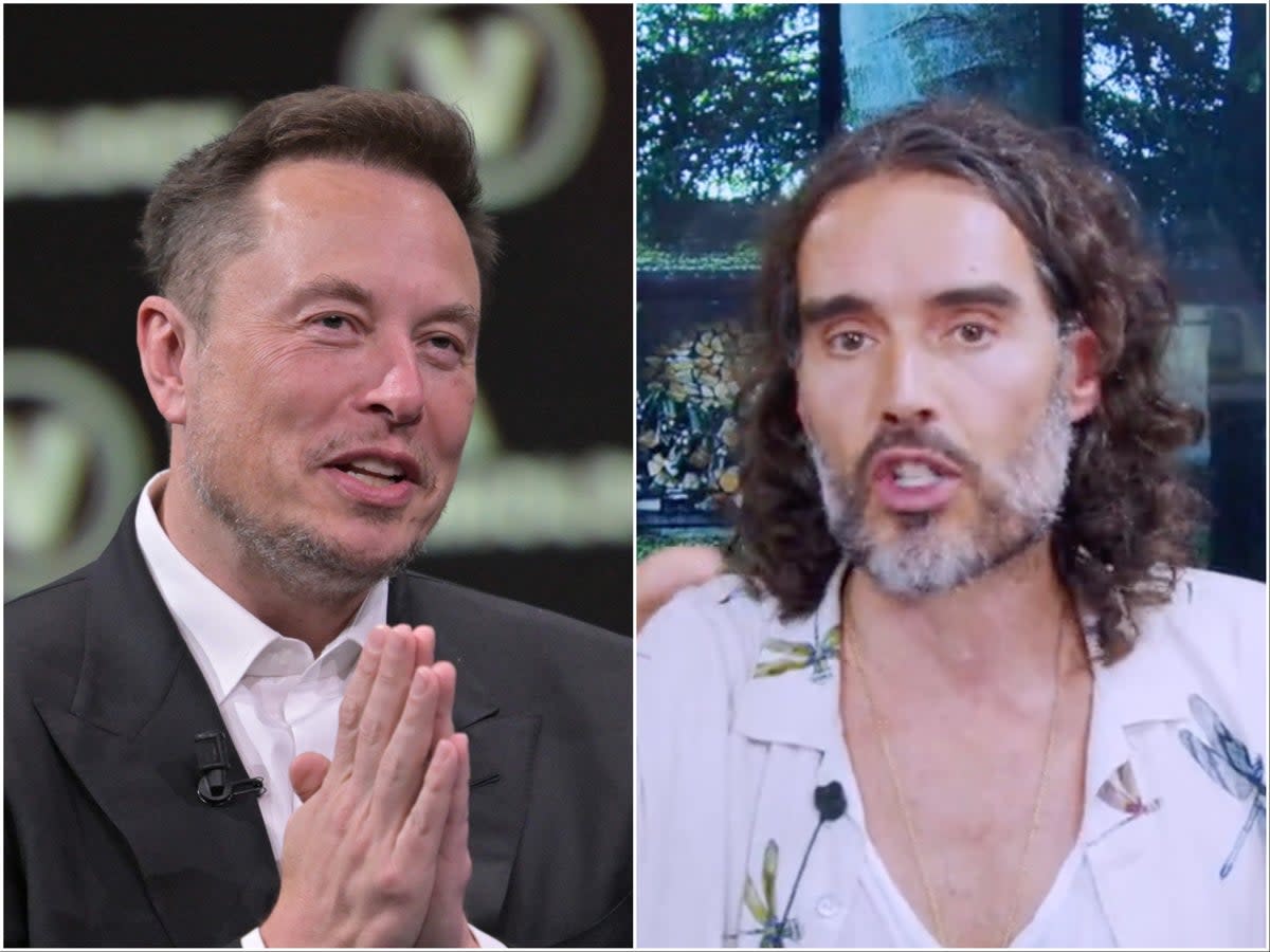 Elon Musk (left) backed Russell Brand after the comedian came out to deny the allegations against him (Getty Images/X)