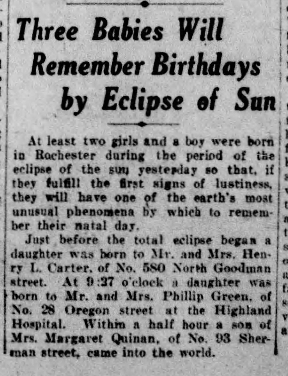 A story in the Jan. 25, 1925 Democrat and Chronicle naming three babies born the day before during the last total solar eclipse in the Rochester area.