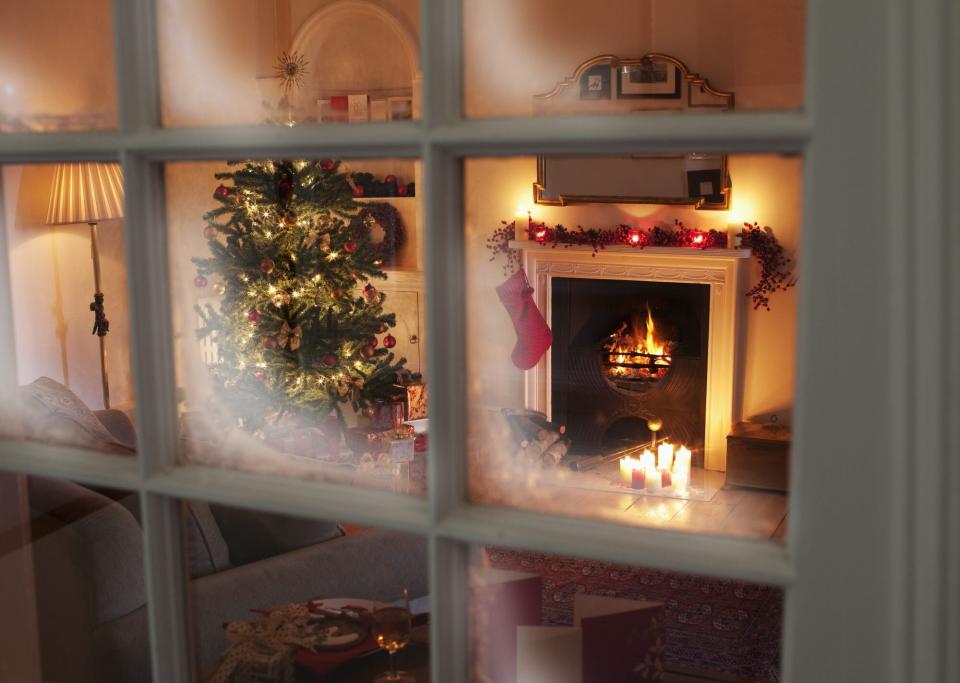 Christmas tree in living room behind window