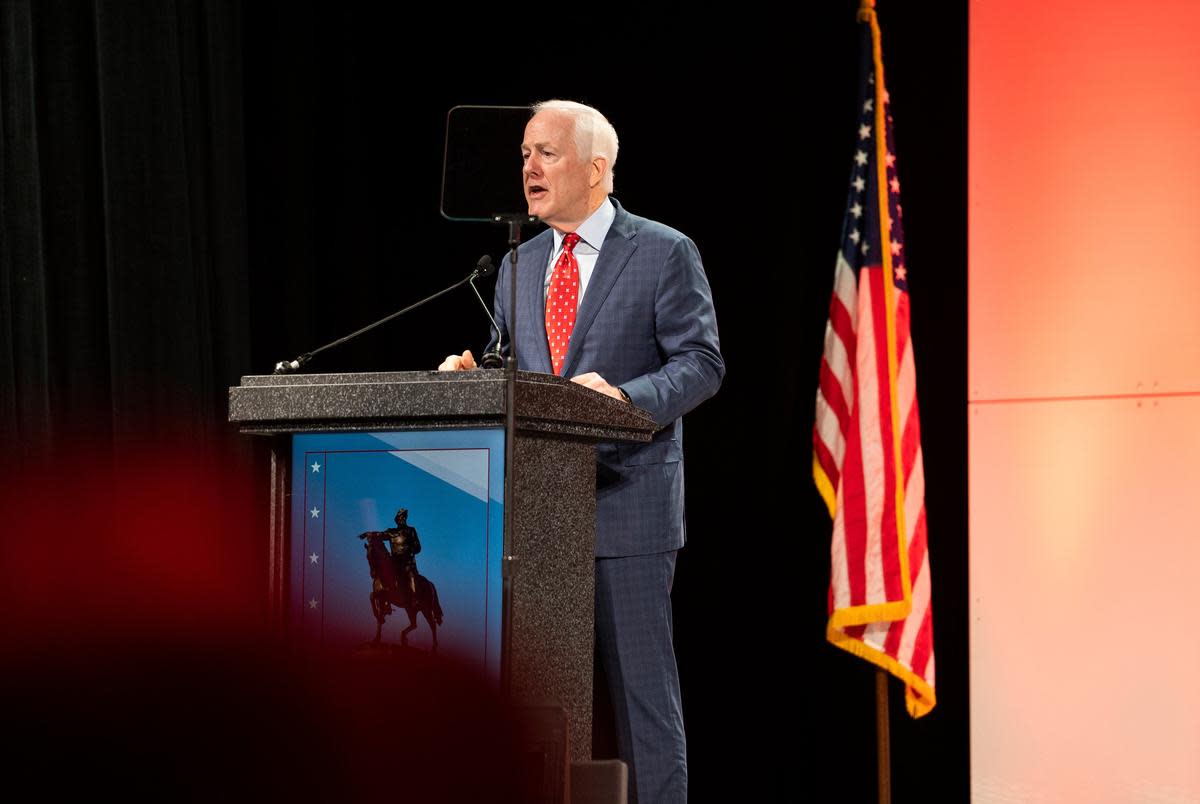 U.S. Sen. John Cornyn speaks to delegates during the Republican Party of Texas 2022 Convention in George R. Brown Convention Center in Houston on Friday, June 17, 2022.