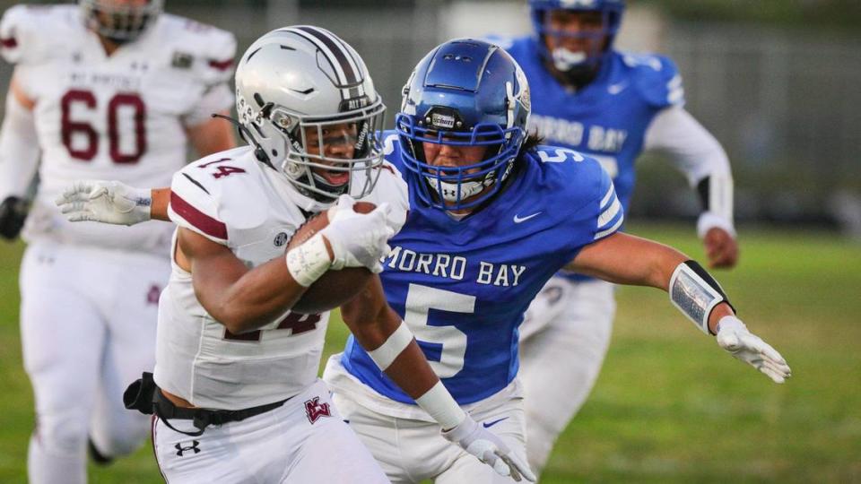 Israel Briggs is about to be tackled by Name Hoag. Morro Bay hosted Mt. Whitney High School for week two of the football season.Aug. 25, 2023. The Pirates fell to the Pioneers 28-16.