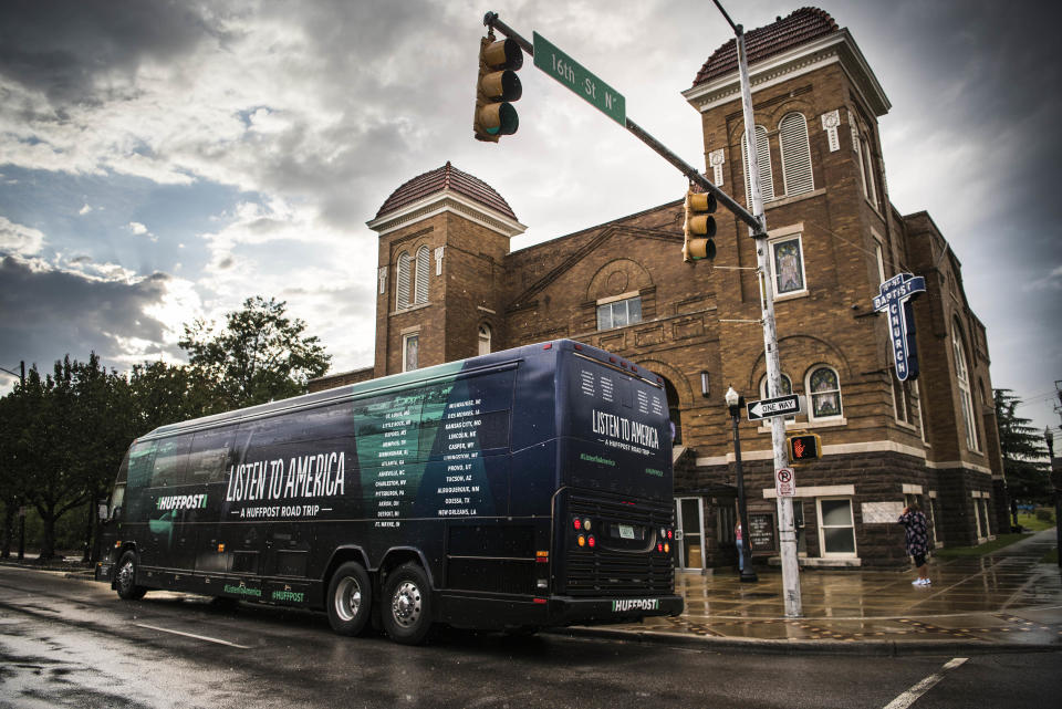 The HuffPost bus in front of the 16th Street Baptist Church.