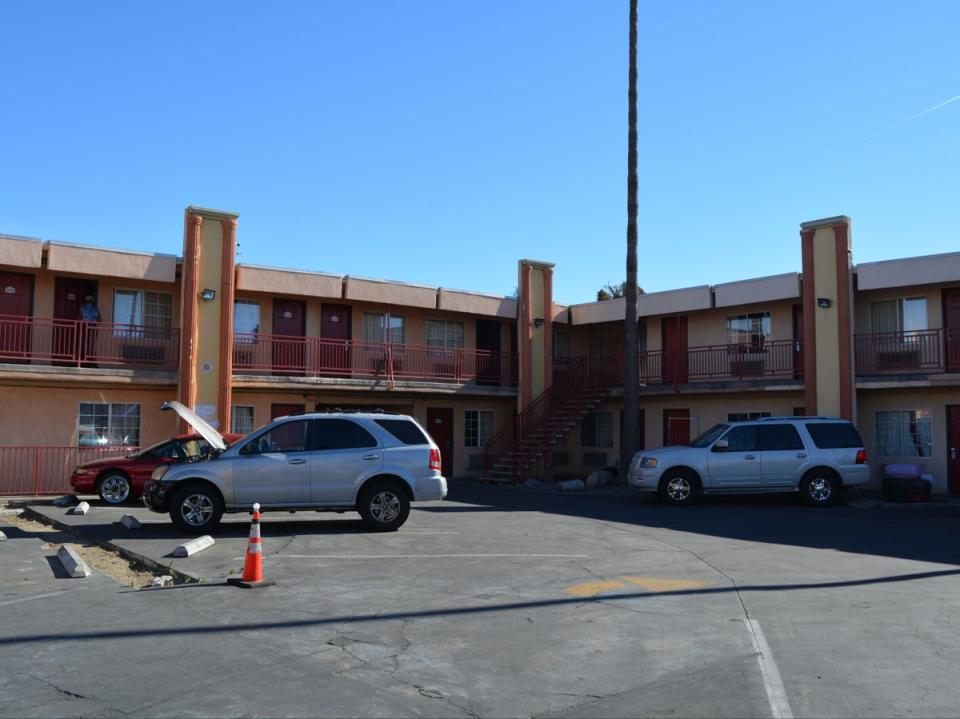 The Palm Tree Inn in Van Nuys, Los Angeles, one of the sites of mayor Karen Bass’s signature Inside Safe homelessness initiative (Josh Marcus / The Independent)