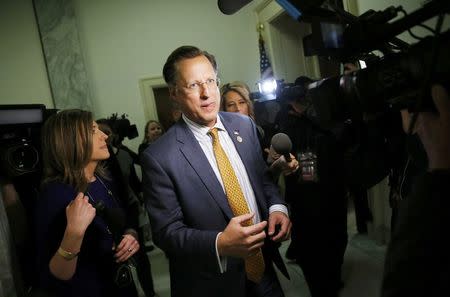 House Freedom Caucus member Rep. Dave Brat (R-VA) talks to reporters on Capitol Hill after meeting with President Donald Trump at the White House in Washington, U.S., March 23, 2017. REUTERS/Jonathan Ernst