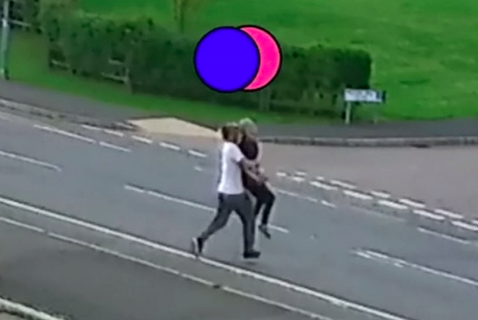 CCTV footage shows Chay Bowskill grabbing girlfriend Angel Lynn from behind in a bear hug. (SWNS) 