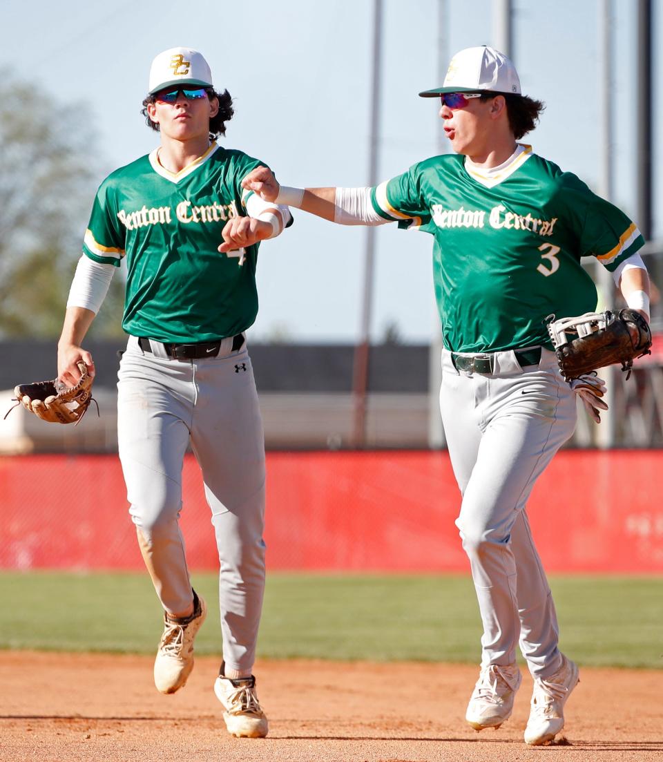 Benton Central Bison Tyler Klemme (4) and Benton Central Bison Corbin Cooley (3) fist bump during the IHSAA baseball game against the Twin Lakes, Wednesday, May 1, 2024, at Twin Lakes High School in Monticello, Ind. Twin Lakes won 7-5.