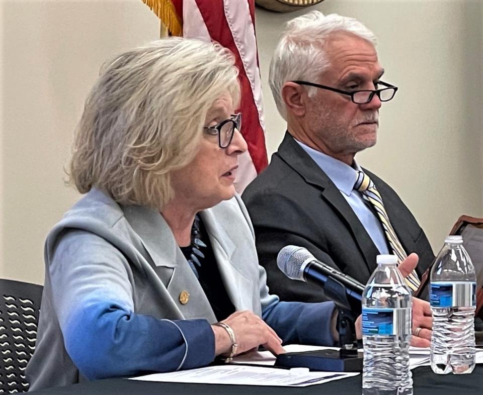 State Sens. Katrina Shealy, R-Lexington, left, and Chip Campsen, R-Charleston, address the media during a legislative preview in Columbia, Monday.