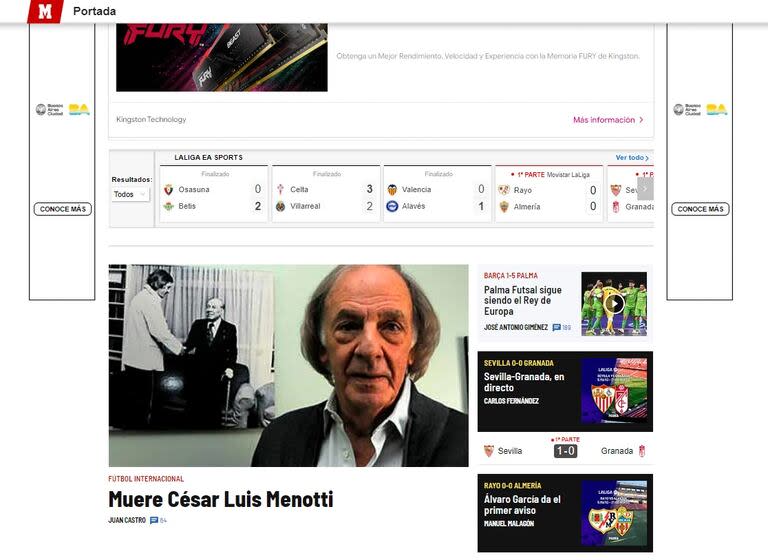 La muerte de César Luis Menotti en el diario Marca de España