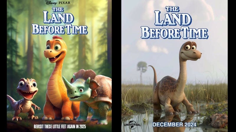 Fake movie posters for a remake of The Land Before Time, falsely billed as upcoming releases from Universal and Disney/Pixar respectively. - Screenshot: Facebook / TikTok