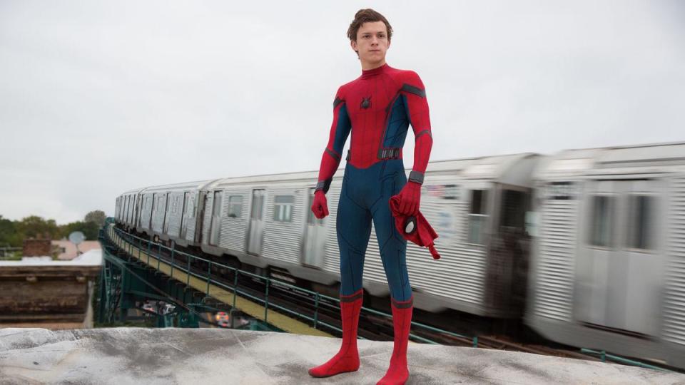 Tom Holland's Spidey on top of a train in Spider-Man: Homecoming