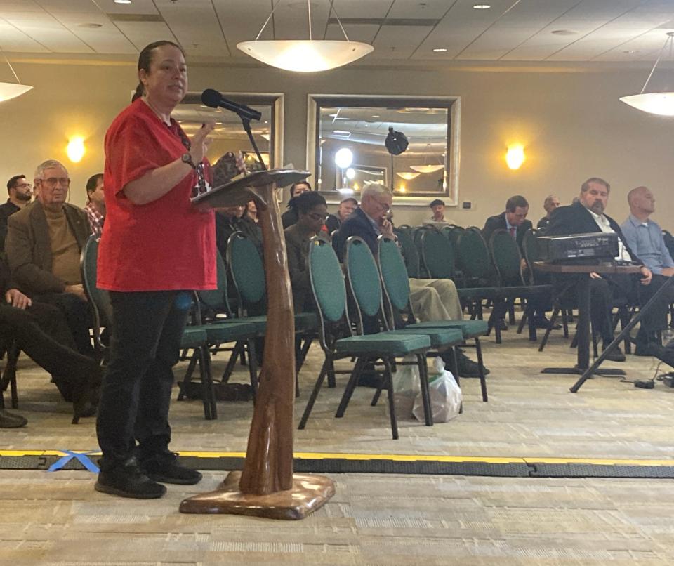 Brandy McDaniels of the Pit River tribe addresses the California Energy Commission during a Tuesday, Nov. 28, 2023, public meeting in Anderson.