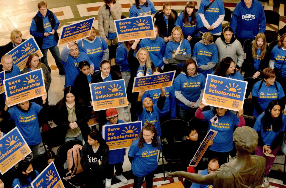 Protesters rallied at the Illinois state Capitol Thursday, Nov. 9, 2023, advocating for investment in the Kids tax credit scholarship program.