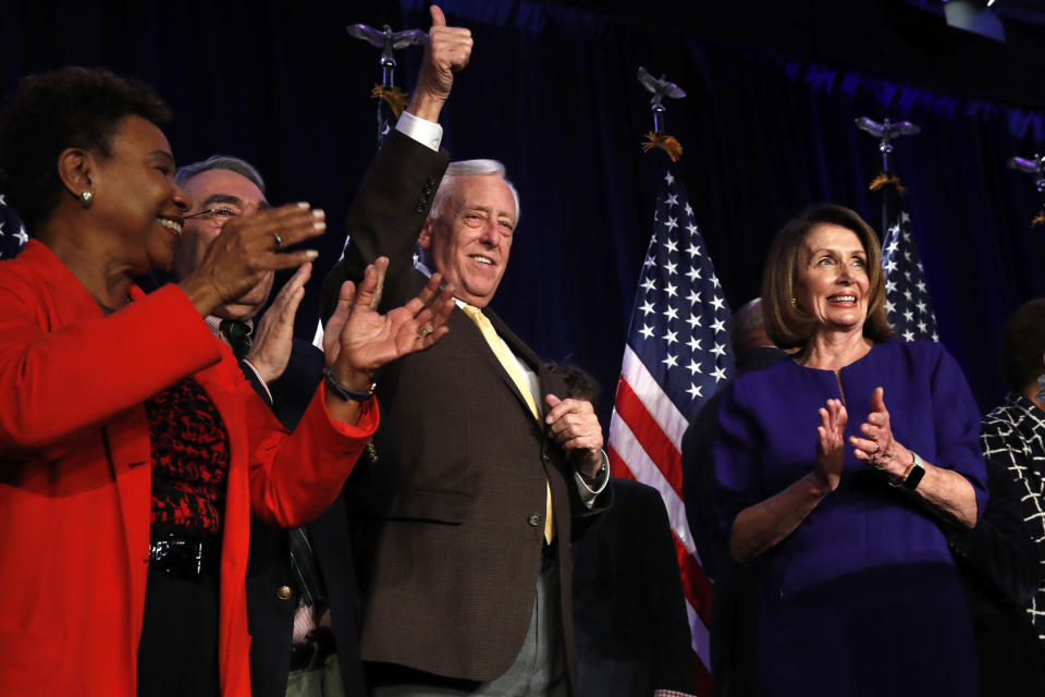 House Minority Leader Nancy Pelosi of Calif., right, steps away from the podium as House Minority Whip Steny Hoyer, D-Md., makes the thumbs up sign, after Pelosi spoke about Democratic gains in the House of Representatives to a crowd of Democratic supporters during an election night returns event at the Hyatt Regency Hotel, on Tuesday, Nov. 6, 2018, in Washington. At far left is Rep. Barbara Lee, D-Calif., with Rep. G.K. Butterfield, D-N.C., chair of the Congressional Black Caucus. (AP Photo/Jacquelyn Martin)