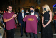 Giuseppe Conte e la compagna Olivia Paladino alla prima di Cinema America in Piazza San Cosimato, Roma.