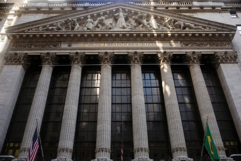 The facade of the New York Stock Exchange is illuminated by the morning sun in New York