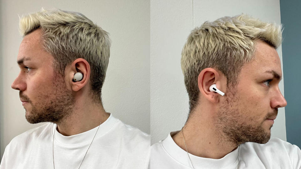 Side on view of Sony XM5 and AirPods Pro 2 fitted into ears
