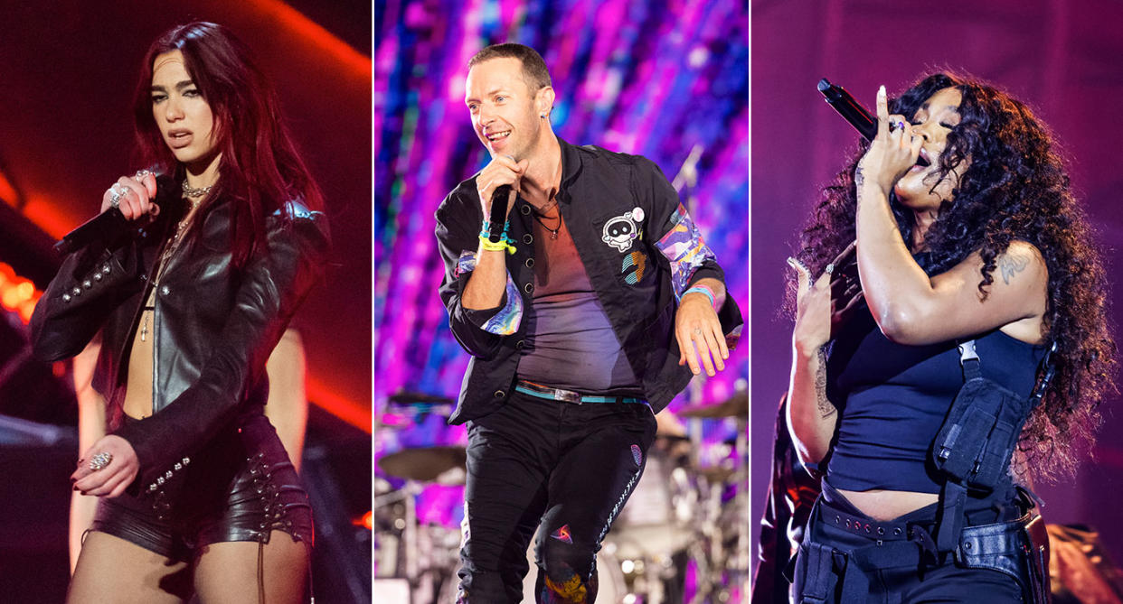 Glastonbury 2024 will be headlined by Dua Lipa, Coldplay and SZA. (Getty)