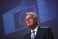 European Union chief Brexit negotiator Michel Barnier talks to journalists during a news conference at the European Commission headquarters in Brussels, Monday, Feb. 3, 2020. (AP Photo/Francisco Seco)