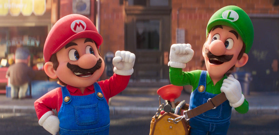 This image released by Nintendo and Universal Studios shows characters, Mario, voiced by Chris Pratt, left, and Luigi, voiced by Charlie Day from the animated film "The Super Mario Bros. Movie." (Nintendo and Universal Studios via AP)