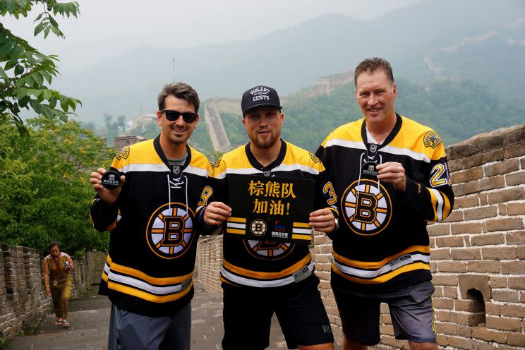 Photo of Andrew Raycroft, Matt Beleskey and Bob Sweeney provided by Boston Bruins
