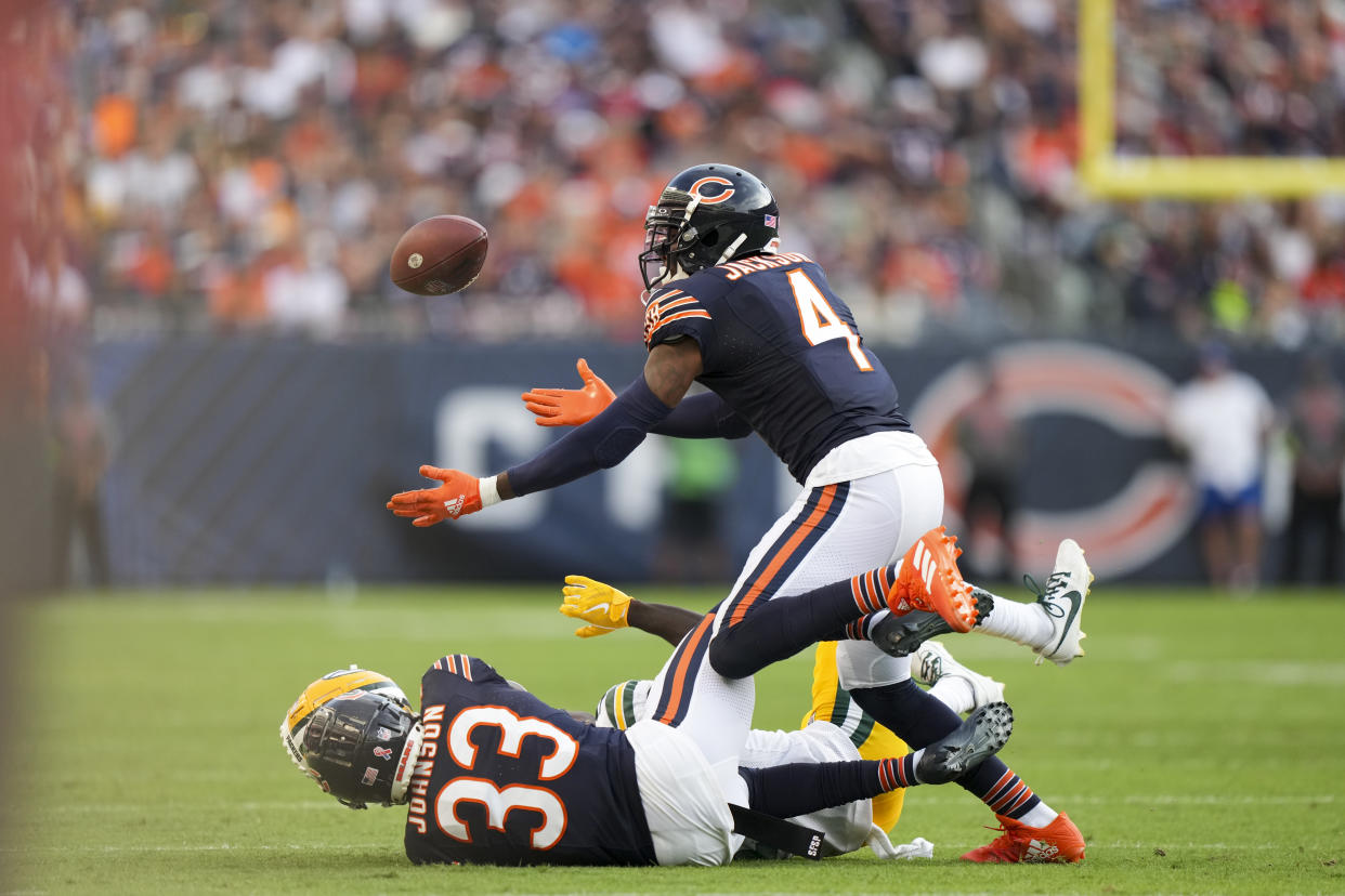 CHICAGO, IL - SEPTEMBER 10: Safety Eddie Jackson #4 of the Chicago Bears attempts a catch during an NFL football game against the Green Bay Packers at Soldier Field on September 10, 2023 in Chicago, Illinois. (Photo by Todd Rosenberg/Getty Images)