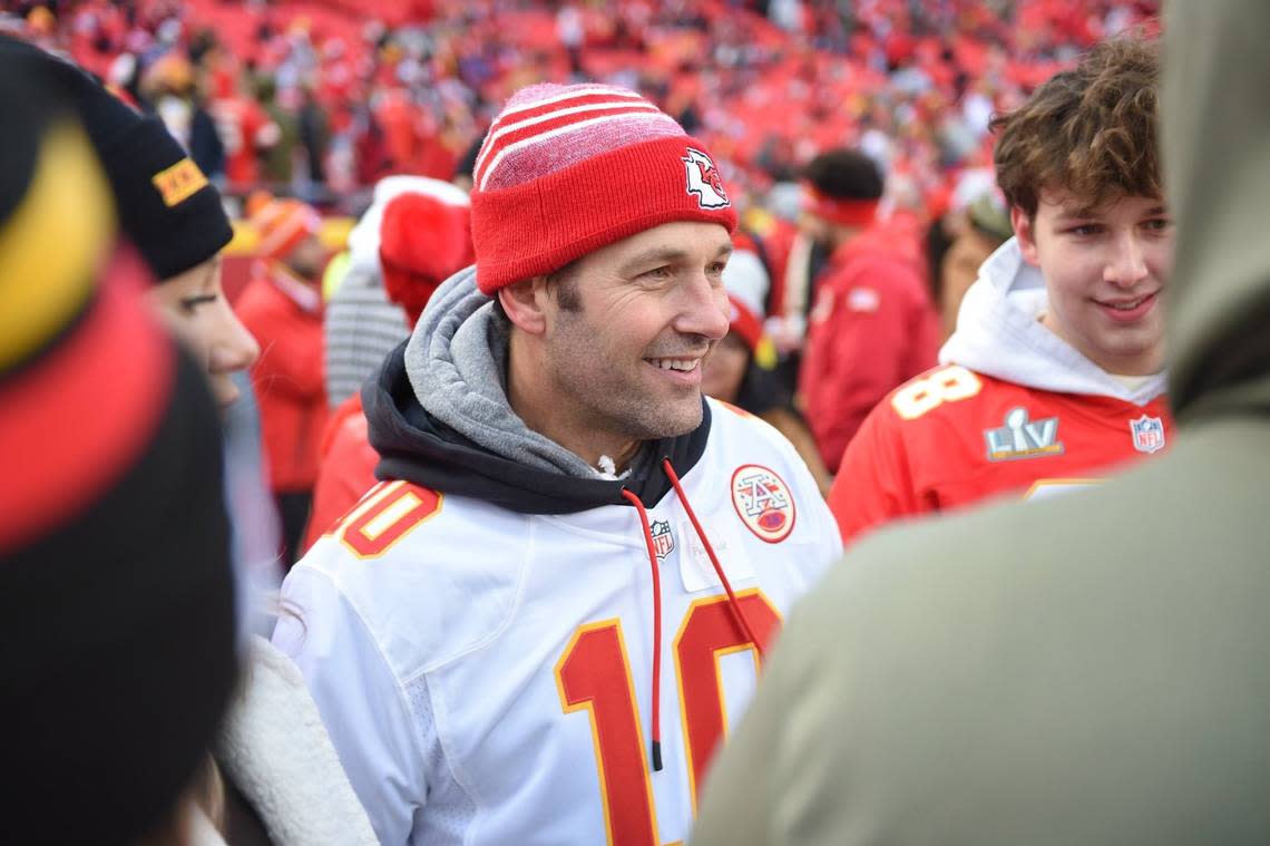 Actor Paul Rudd was on the sideline before the AFC Championship Game Sunday, Jan. 29, 2023, at GEHA Field at Arrowhead Stadium.
