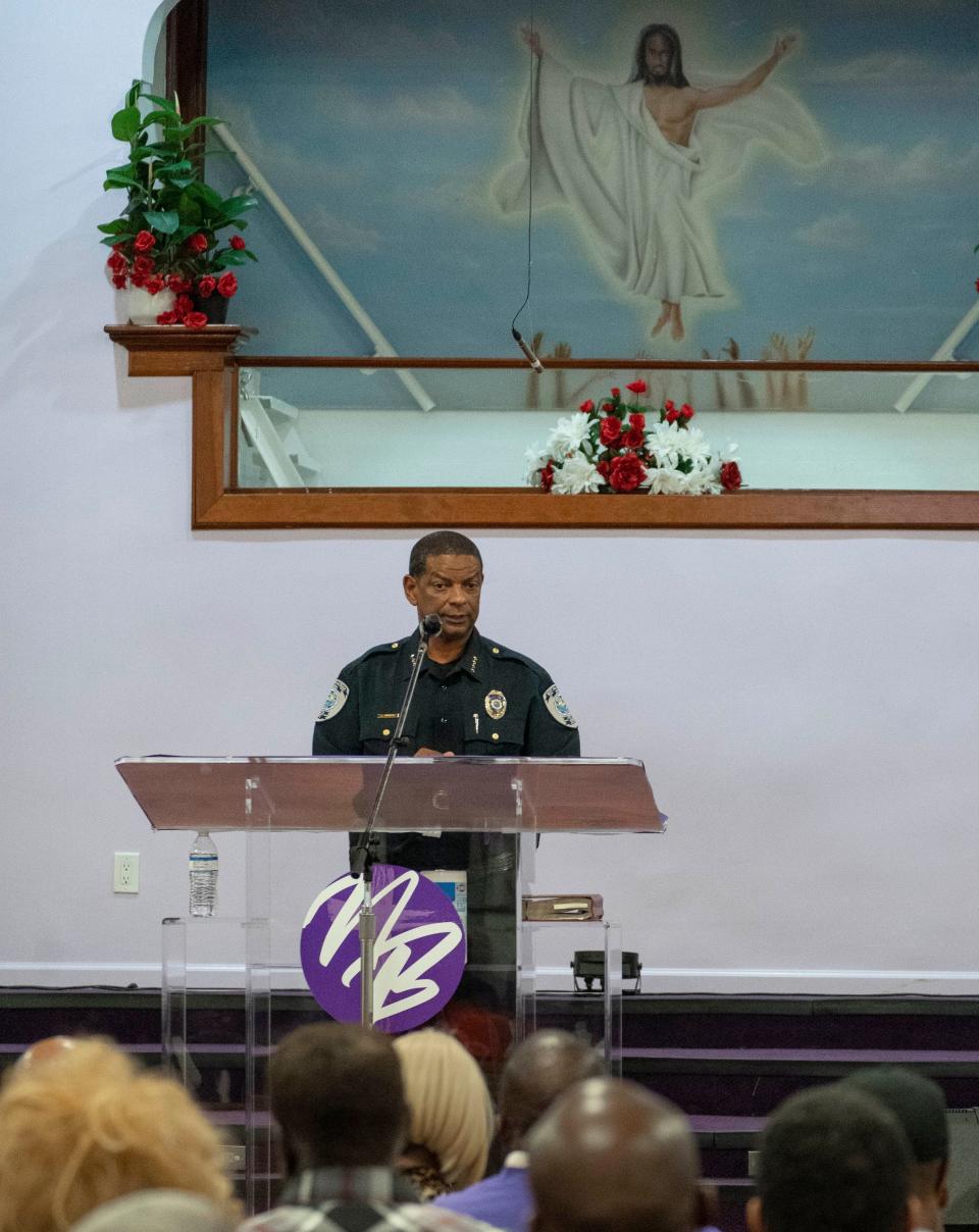 West Palm Beach Police Chief Adderley speaks during a town hall meeting at New Bethel Missionary Baptist Church in West Palm Beach, Florida on January 31, 2023.